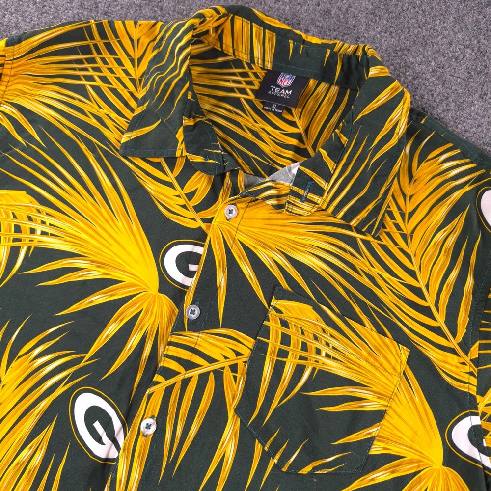 NFL Team Apparel Green Bay Packers Tropical Palm Leaf Button Up Shirt Mens XL